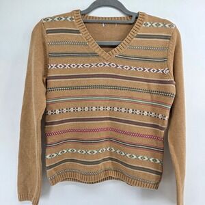 IZOD Women Fair Isle Striped V Neck Sweater Camel Green Pink Size Medium